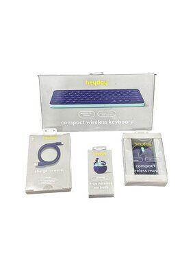 Heyday Compact Wireless Keyboard, Mouse, True Wireless Earbuds & Charging Cable